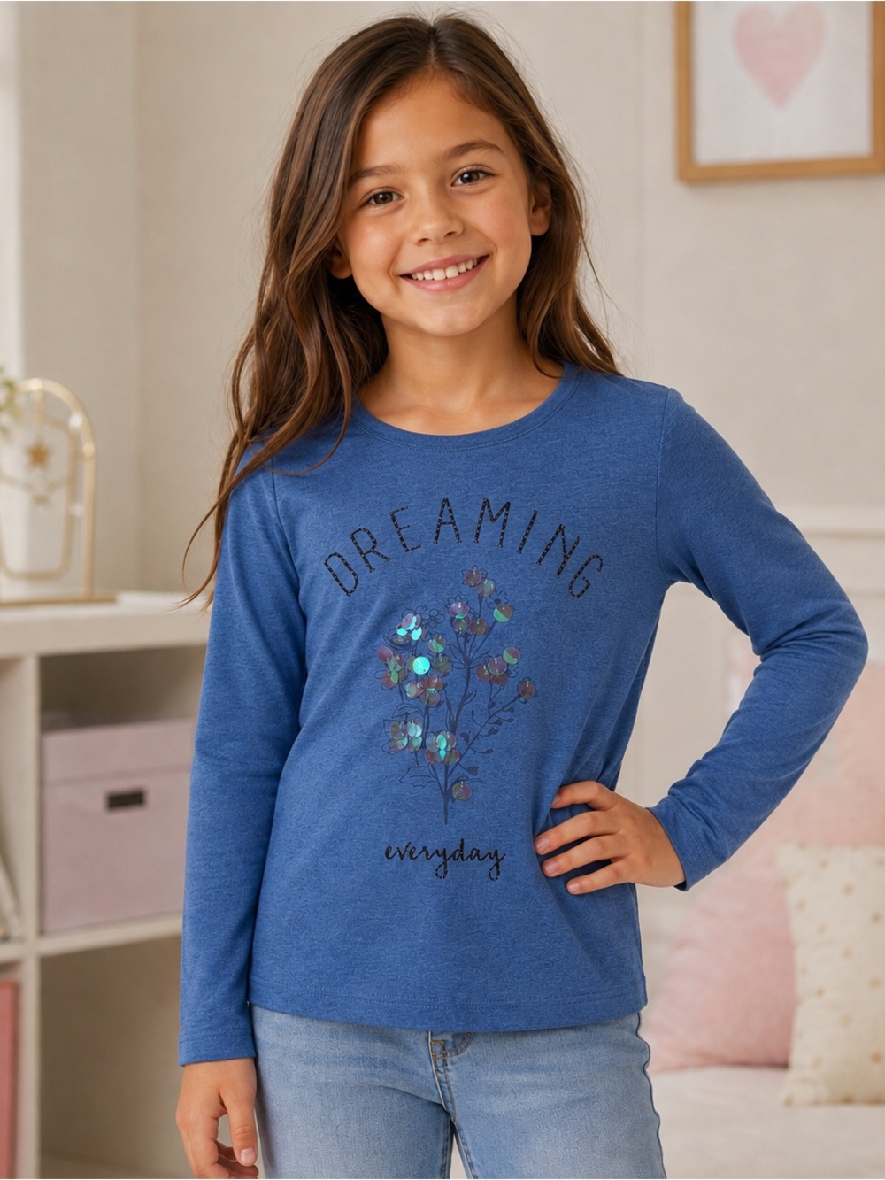 H&M Girls Blue Dreaming Everyday Sequin Graphic Long Sleeve Top Size 6-8Y